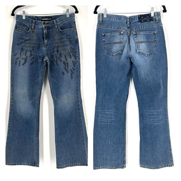 Vintage Express Women's Studded Feather Design Bootcut Jeans Blue Denim Size 5/6 - Picture 1 of 12